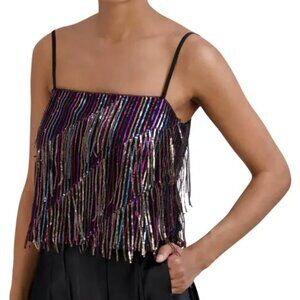 BCBGMaxAzria Sequin Fringe Party Top Size 0 NWT NYE Style Black Gold Multicolor